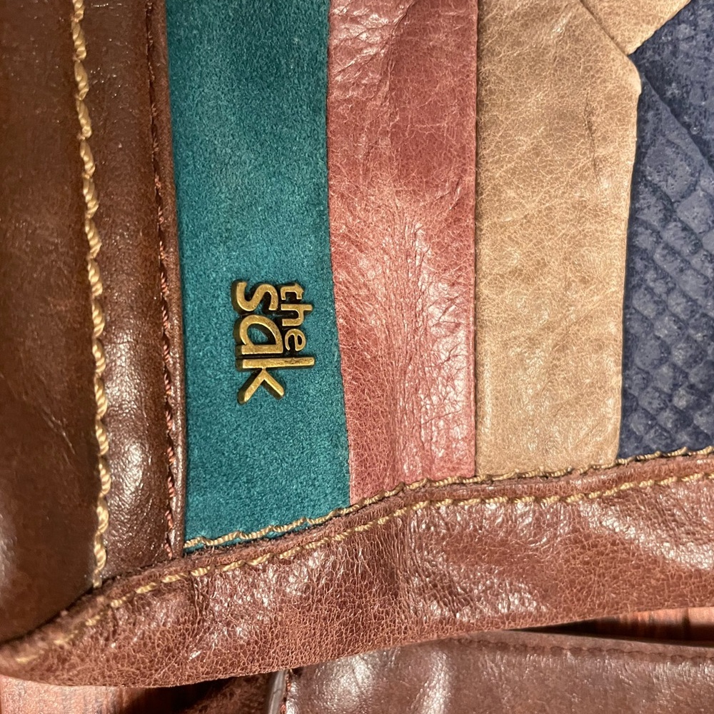 The Sak Crossbody Shoulder Bag Brown Patchwork Leather Suede Handbag.